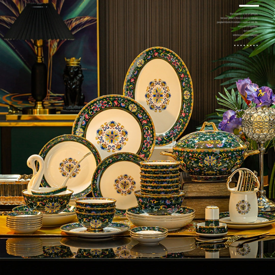 60-Piece Enamel Bone China Tableware Set – Luxury Gold Home Collection