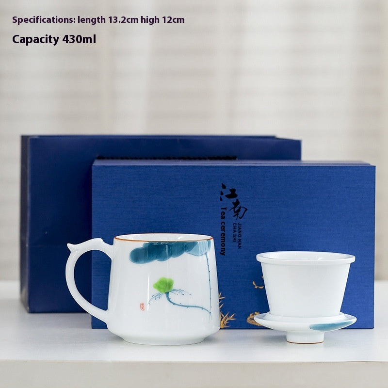 White Porcelain Celadon Hand-Painted Tea Cup with Lid – Filtered Luxury Office Cup
