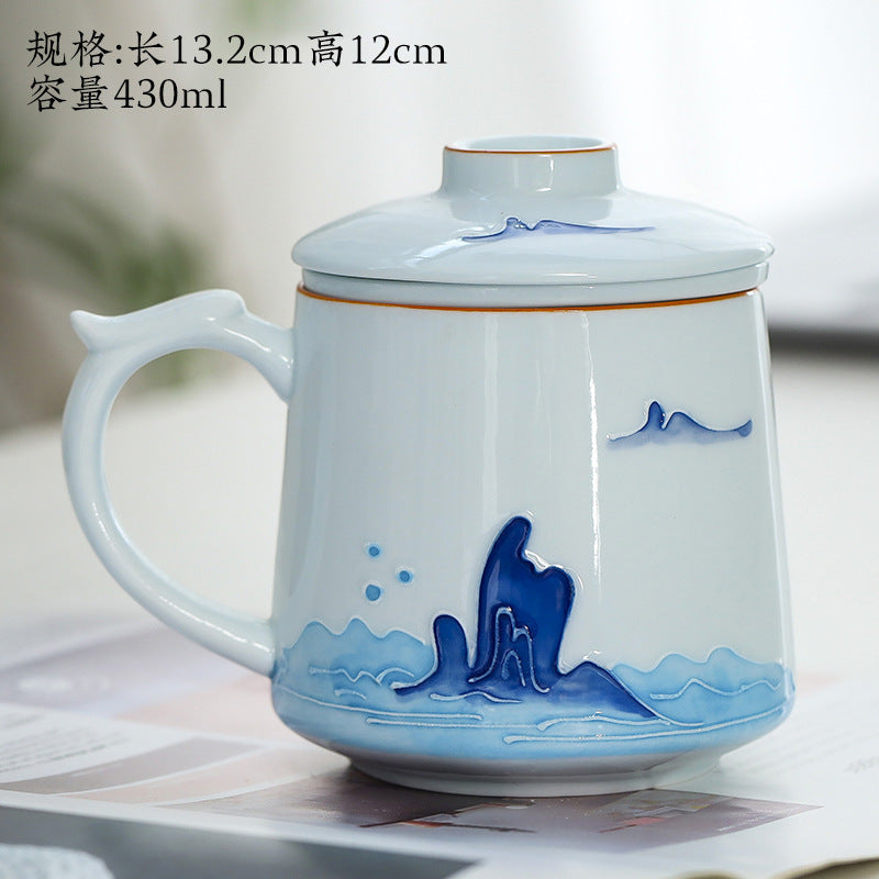 White Porcelain Celadon Hand-Painted Tea Cup with Lid – Filtered Luxury Office Cup