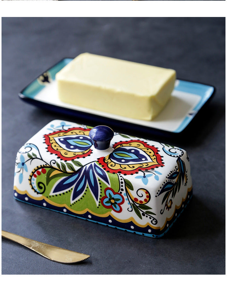 European Ceramic Butter Holder – Handcrafted Floral Stoneware Dish