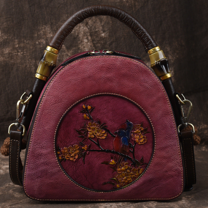 Handmade Retro Leather Bag – Genuine Cowhide Floral Round Handbag for Women