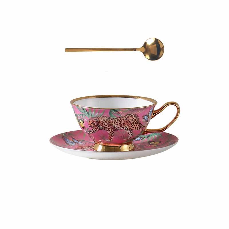 Luxury Bone China Coffee Mug Set - Pink Cheetah Jungle Print, Large 3-Piece Gift