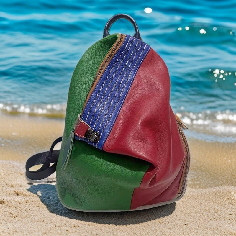 Colorblock Leather Travel Backpack – Anti-Theft Cowhide Design