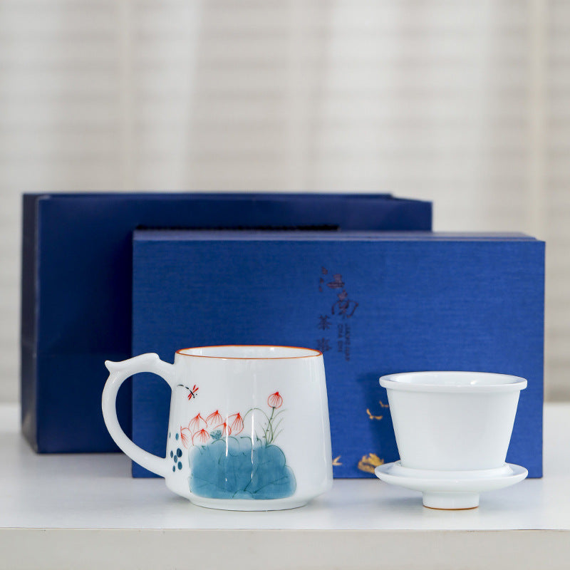 White Porcelain Celadon Hand-Painted Tea Cup with Lid – Filtered Luxury Office Cup
