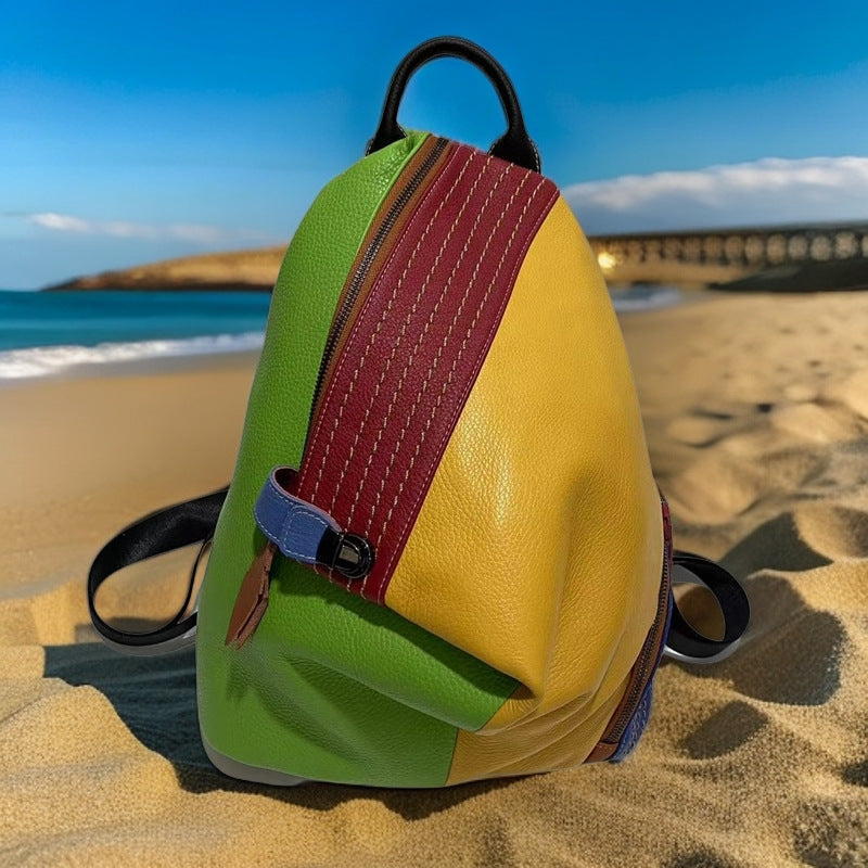 Colorblock Leather Travel Backpack – Anti-Theft Cowhide Design