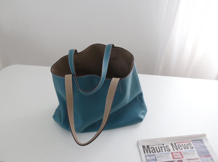Double-Sided Genuine Leather Tote – Large Capacity Cowhide Shoulder Bag for Women
