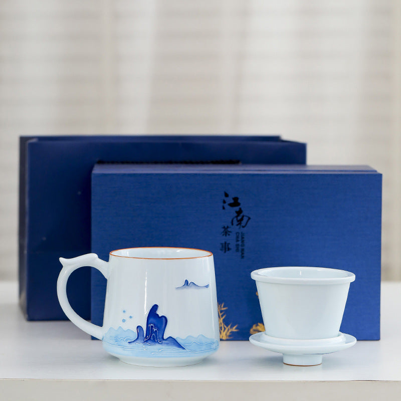 White Porcelain Celadon Hand-Painted Tea Cup with Lid – Filtered Luxury Office Cup