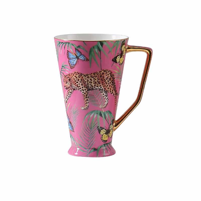 Luxury Bone China Coffee Mug Set - Pink Cheetah Jungle Print, Large 3-Piece Gift