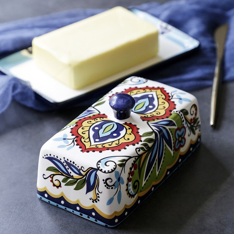 European Ceramic Butter Holder – Handcrafted Floral Stoneware Dish
