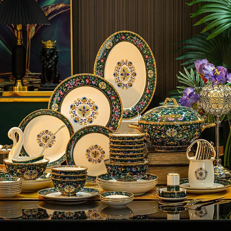 60-Piece Enamel Bone China Tableware Set – Luxury Gold Home Collection