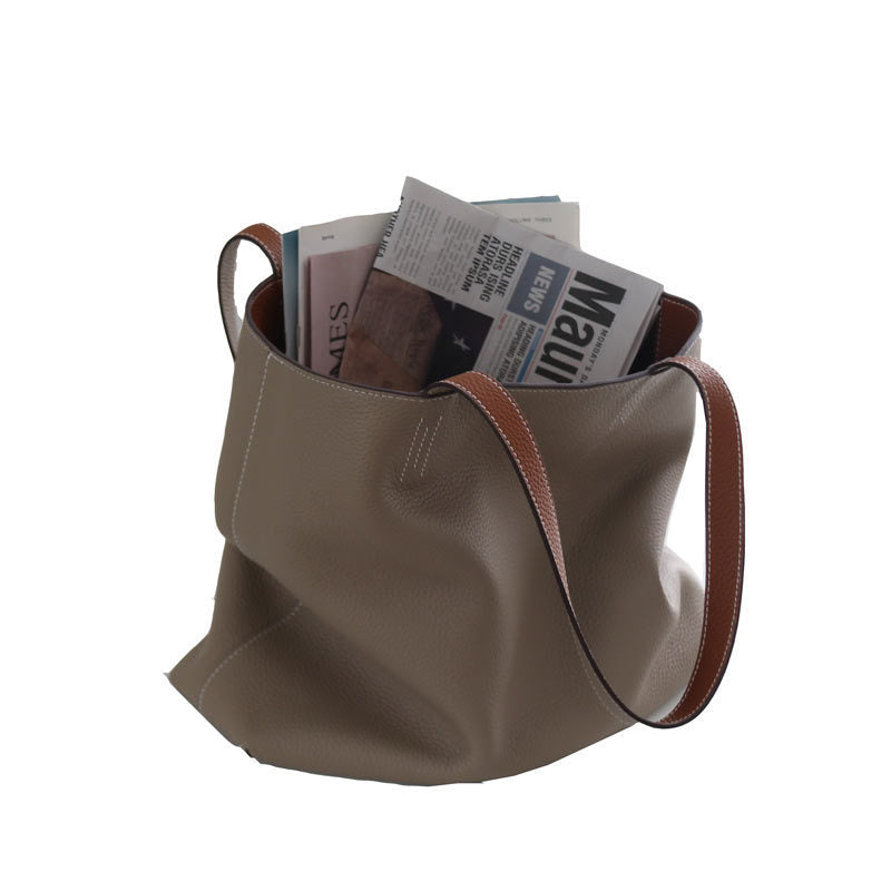 Double-Sided Genuine Leather Tote – Large Capacity Cowhide Shoulder Bag for Women