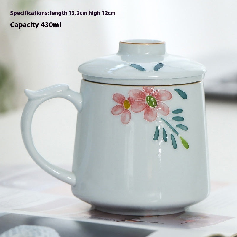 White Porcelain Celadon Hand-Painted Tea Cup with Lid – Filtered Luxury Office Cup