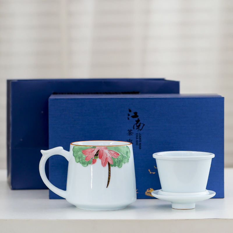 White Porcelain Celadon Hand-Painted Tea Cup with Lid – Filtered Luxury Office Cup