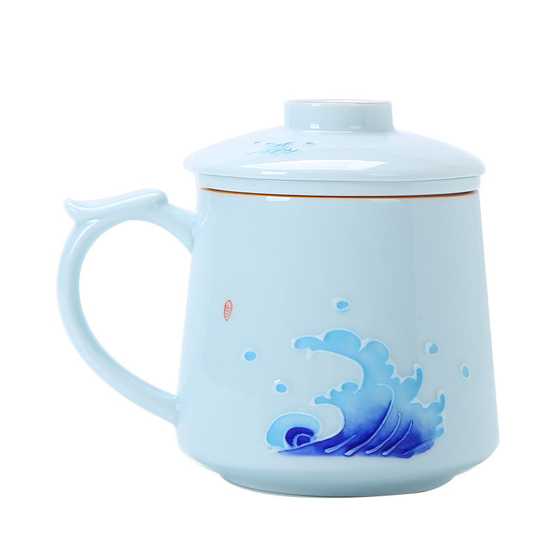 White Porcelain Celadon Hand-Painted Tea Cup with Lid – Filtered Luxury Office Cup