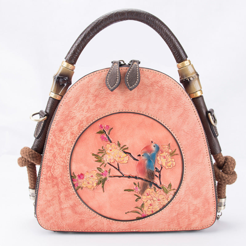 Handmade Retro Leather Bag – Genuine Cowhide Floral Round Handbag for Women