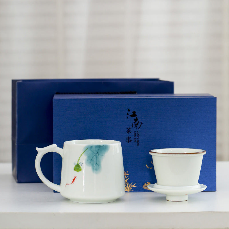 White Porcelain Celadon Hand-Painted Tea Cup with Lid – Filtered Luxury Office Cup