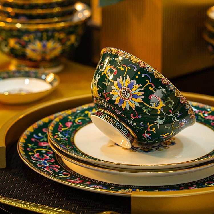 60-Piece Enamel Bone China Tableware Set – Luxury Gold Home Collection