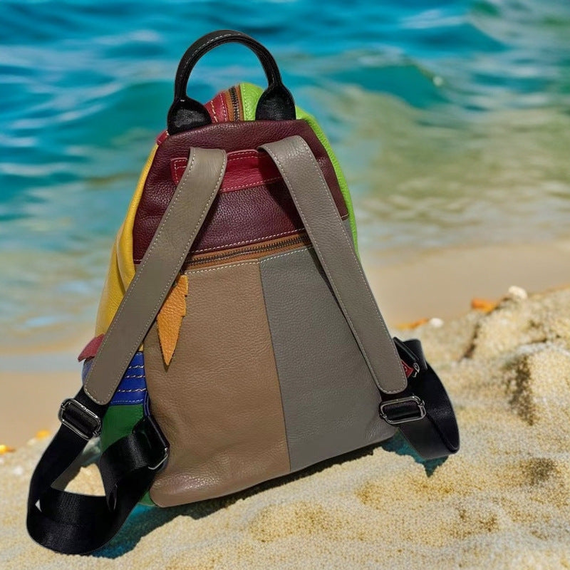 Colorblock Leather Travel Backpack – Anti-Theft Cowhide Design