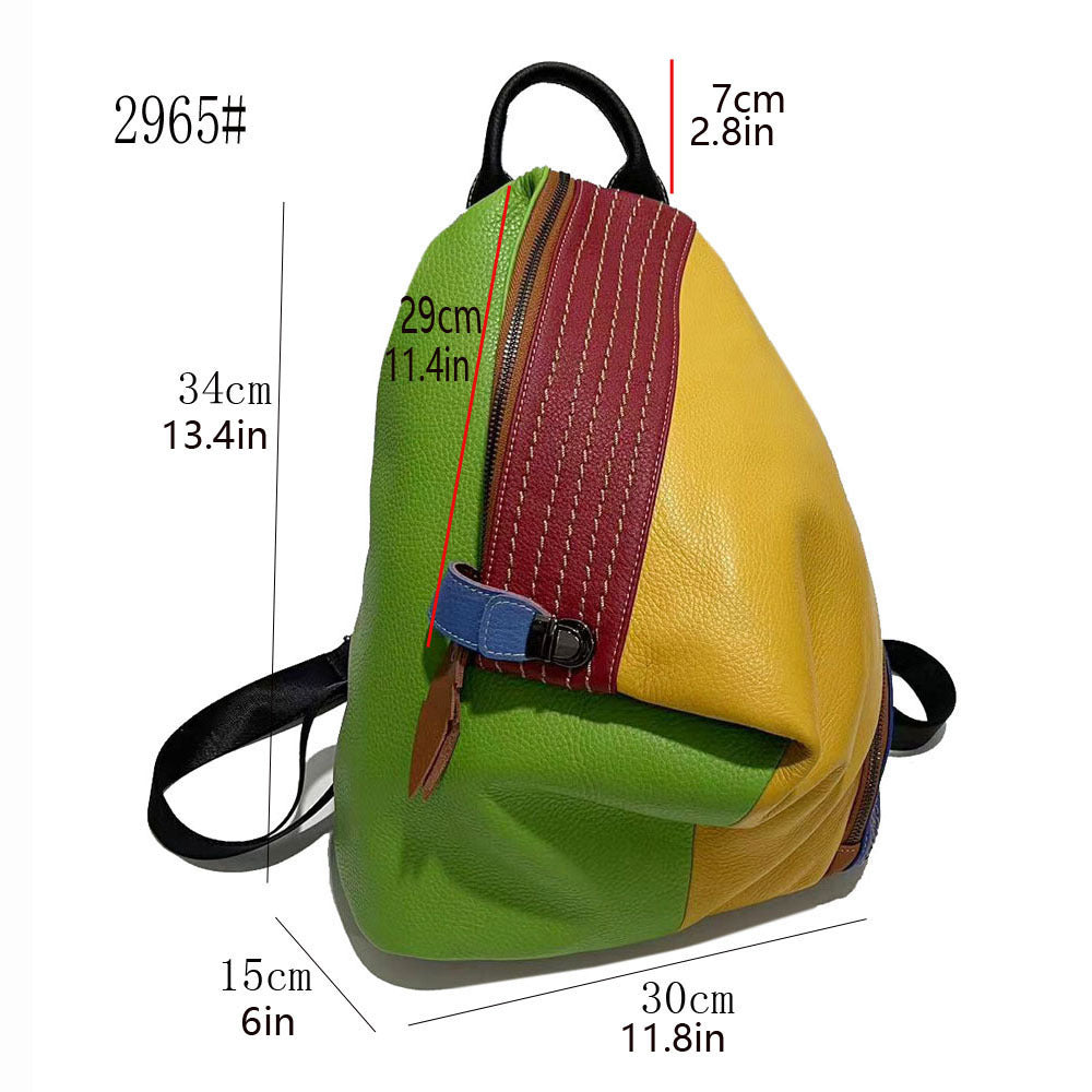 Colorblock Leather Travel Backpack – Anti-Theft Cowhide Design