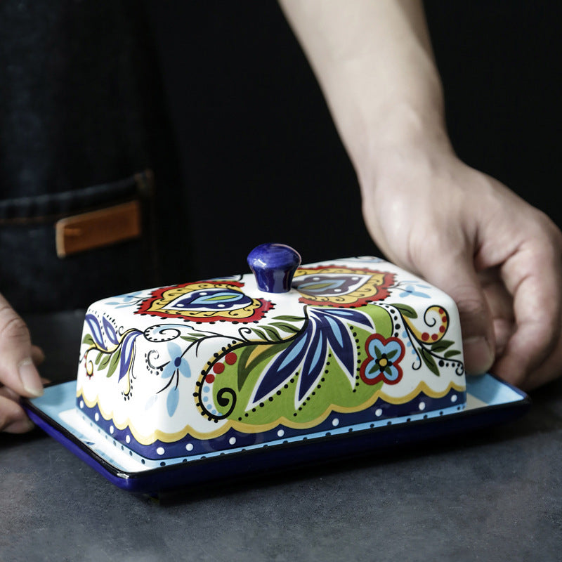 European Ceramic Butter Holder – Handcrafted Floral Stoneware Dish