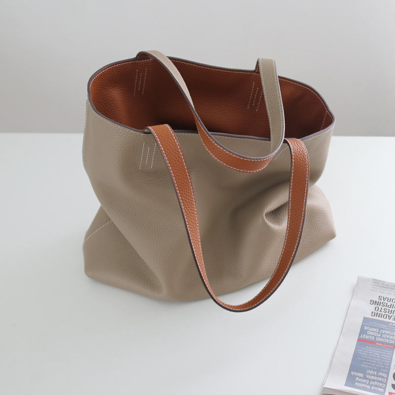 Double-Sided Genuine Leather Tote – Large Capacity Cowhide Shoulder Bag for Women