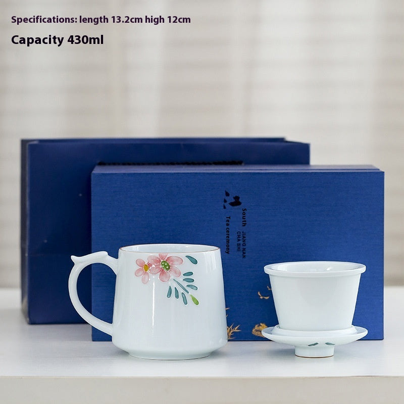 White Porcelain Celadon Hand-Painted Tea Cup with Lid – Filtered Luxury Office Cup