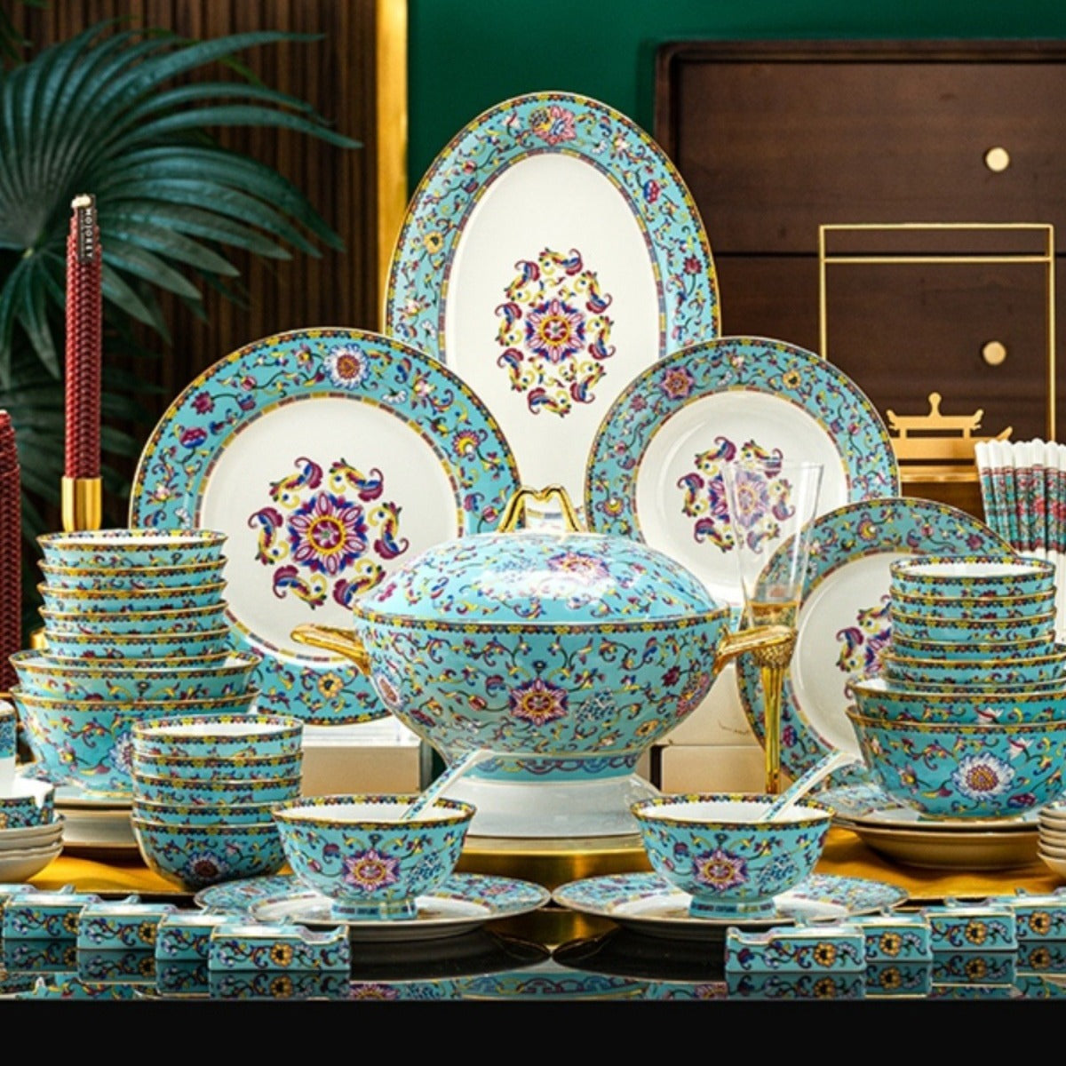 60-Piece Enamel Bone China Tableware Set – Luxury Gold Home Collection