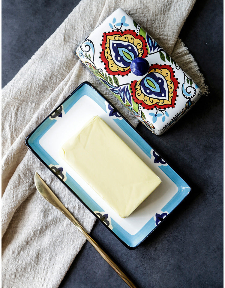 European Ceramic Butter Holder – Handcrafted Floral Stoneware Dish