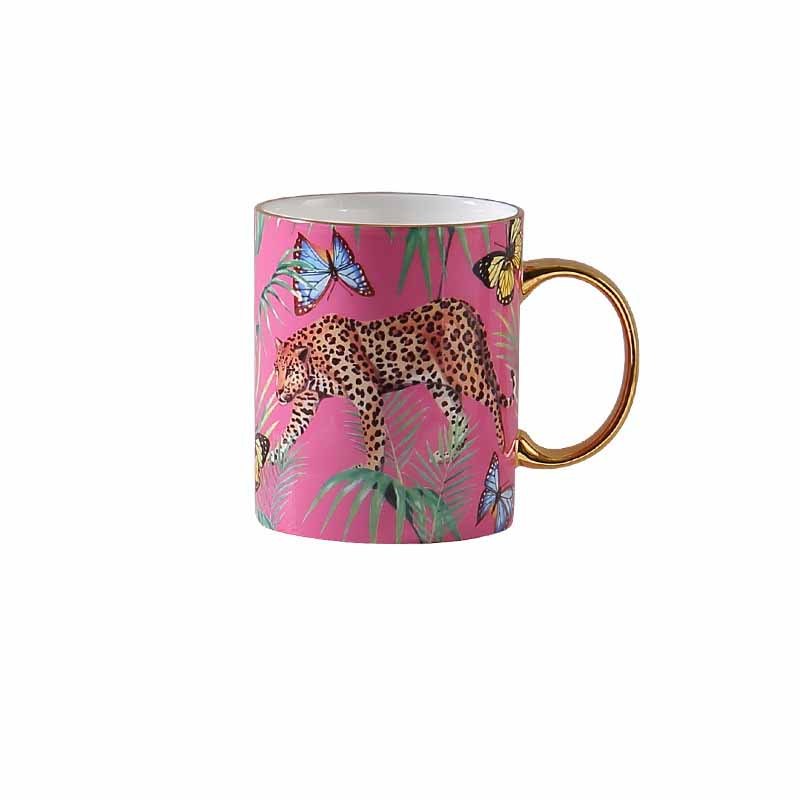 Luxury Bone China Coffee Mug Set - Pink Cheetah Jungle Print, Large 3-Piece Gift