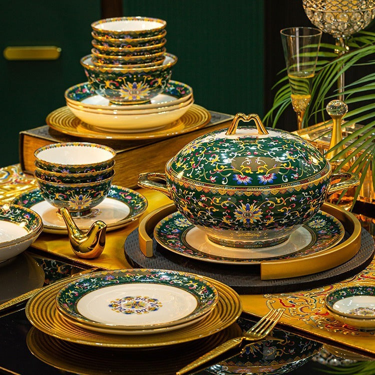 60-Piece Enamel Bone China Tableware Set – Luxury Gold Home Collection