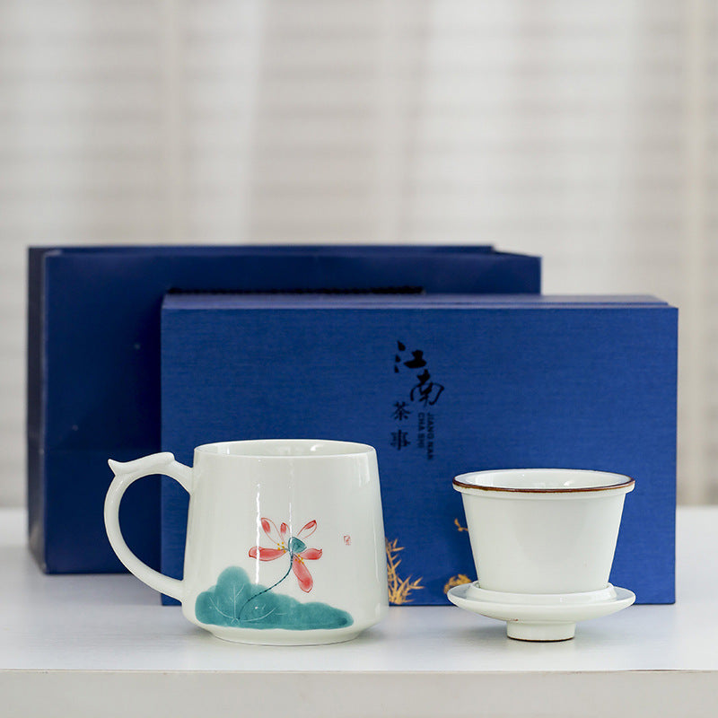 White Porcelain Celadon Hand-Painted Tea Cup with Lid – Filtered Luxury Office Cup