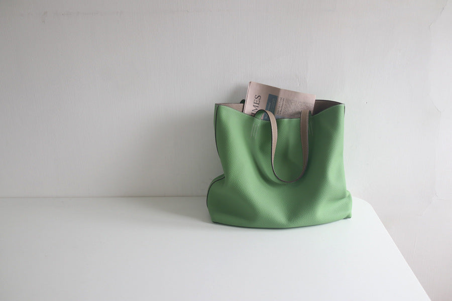 Double-Sided Genuine Leather Tote – Large Capacity Cowhide Shoulder Bag for Women