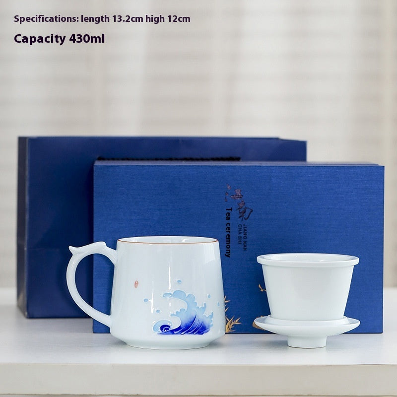 White Porcelain Celadon Hand-Painted Tea Cup with Lid – Filtered Luxury Office Cup