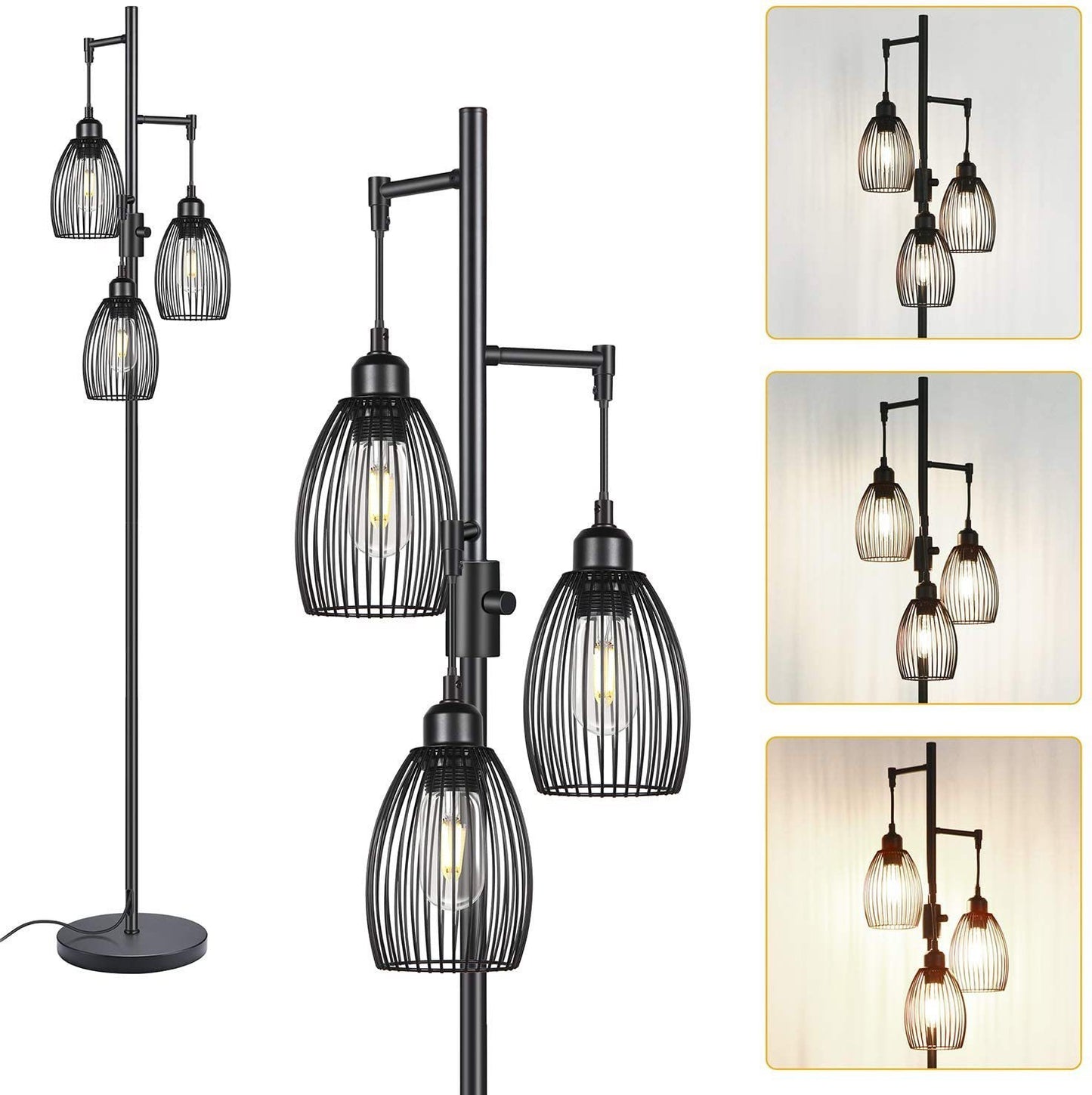 Vintage Industrial Black Iron Floor Lamp with Tricolor Light - Adjustable 3-Light Settings, Elegant Design for Living Room or Office - The Unstyled