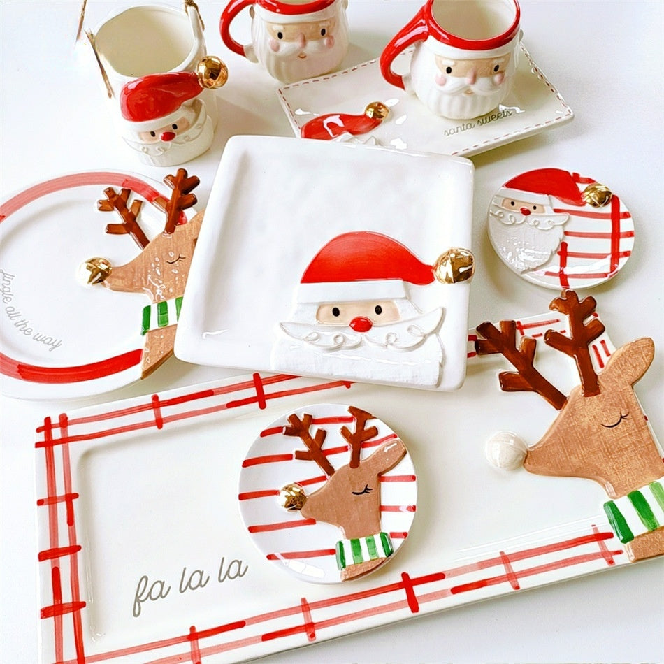 Ceramic Christmas Tableware Set – Festive Porcelain Plates, Cups & Bowls with Cartoon Elk Designs