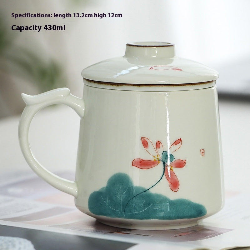 White Porcelain Celadon Hand-Painted Tea Cup with Lid – Filtered Luxury Office Cup