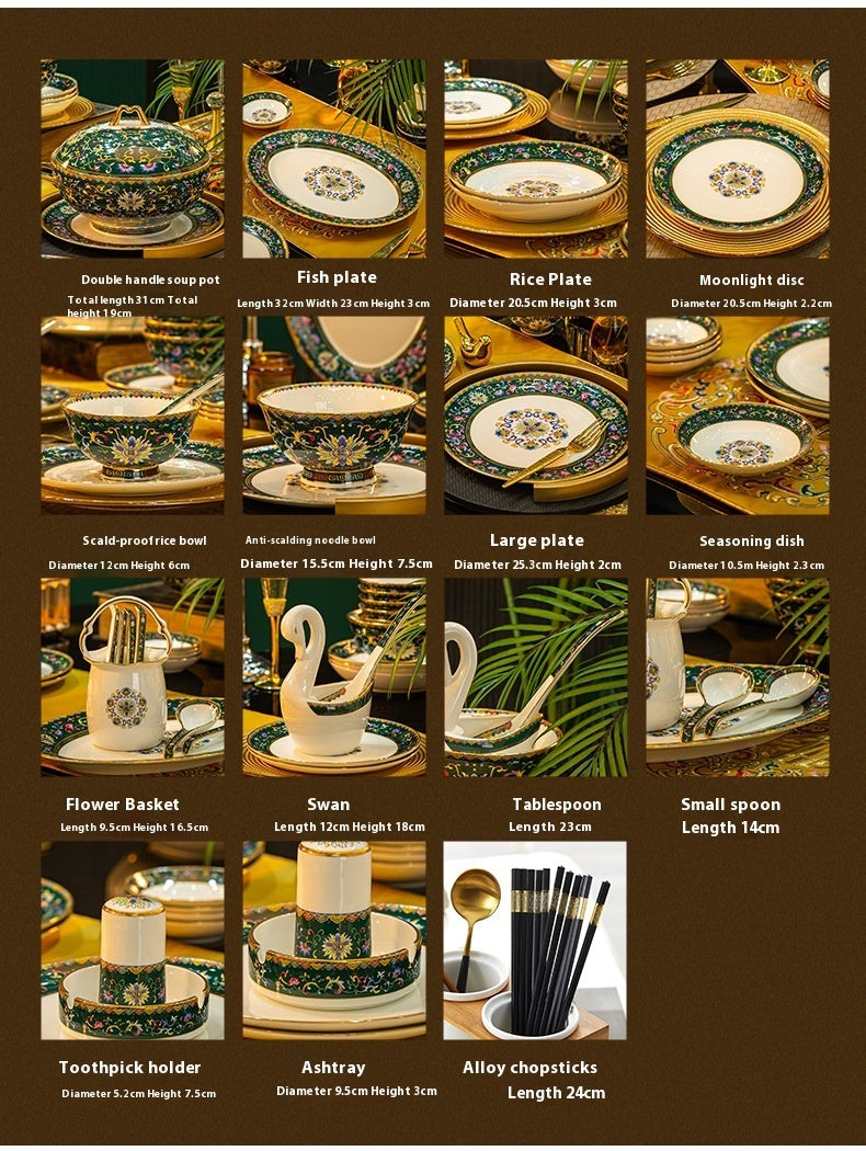 60-Piece Enamel Bone China Tableware Set – Luxury Gold Home Collection