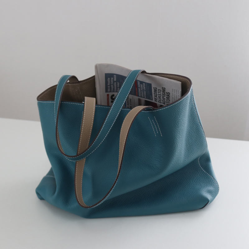 Double-Sided Genuine Leather Tote – Large Capacity Cowhide Shoulder Bag for Women