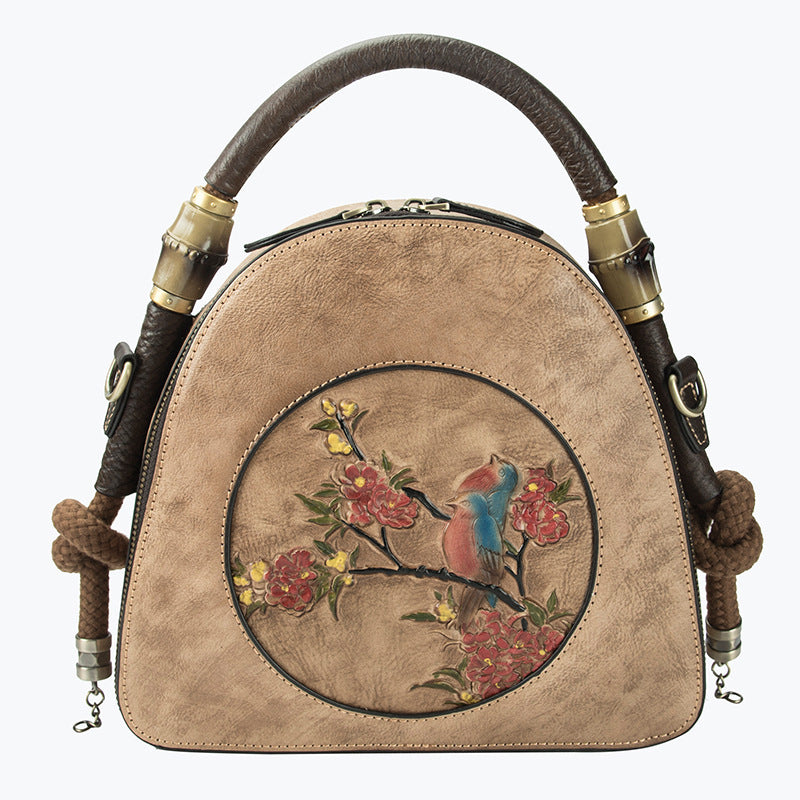 Handmade Retro Leather Bag – Genuine Cowhide Floral Round Handbag for Women