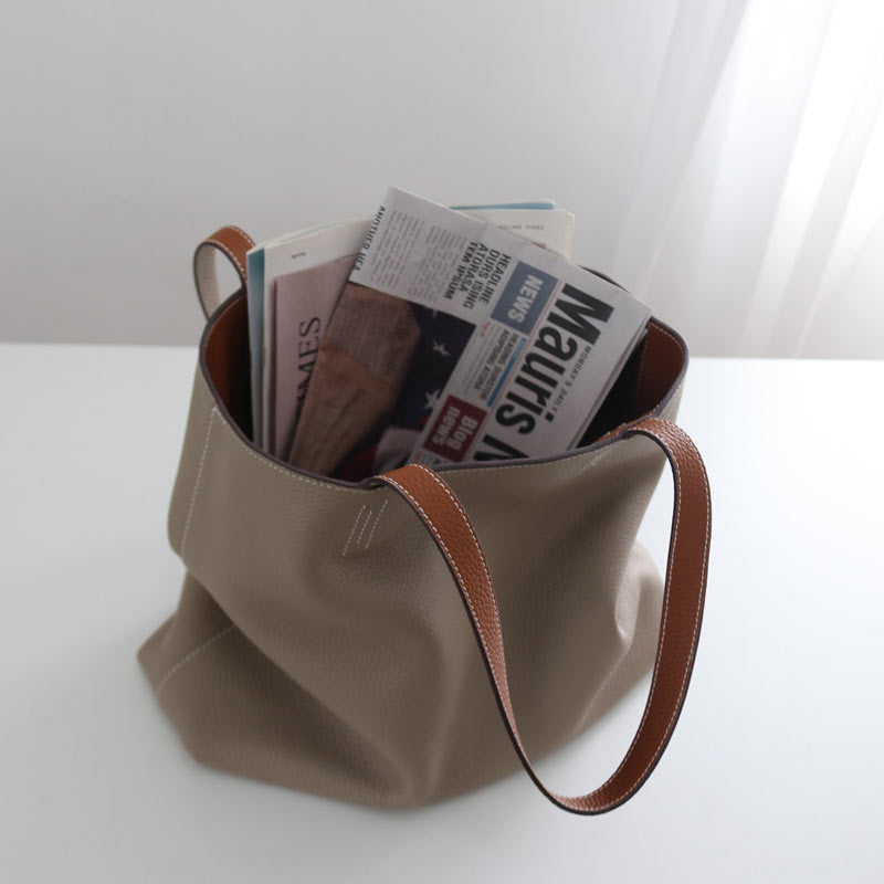 Double-Sided Genuine Leather Tote – Large Capacity Cowhide Shoulder Bag for Women