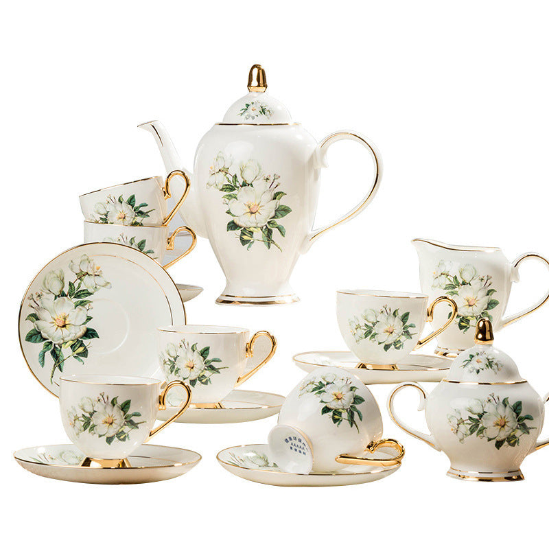 Wild Lily Bone China Tea Set – Gold Trace 15-Piece Ceramic Coffee Set
