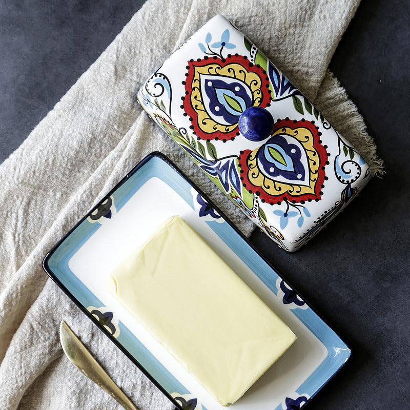European Ceramic Butter Holder – Handcrafted Floral Stoneware Dish