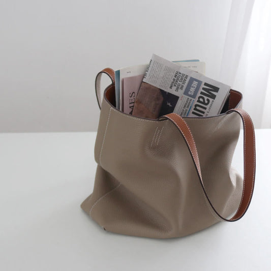 Double-Sided Genuine Leather Tote – Large Capacity Cowhide Shoulder Bag for Women