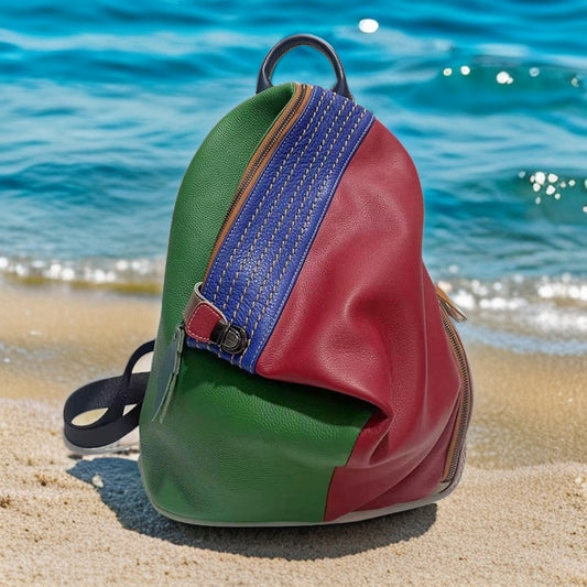 Colorblock Leather Travel Backpack – Anti-Theft Cowhide Design