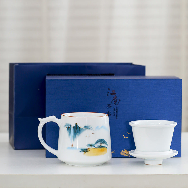 White Porcelain Celadon Hand-Painted Tea Cup with Lid – Filtered Luxury Office Cup