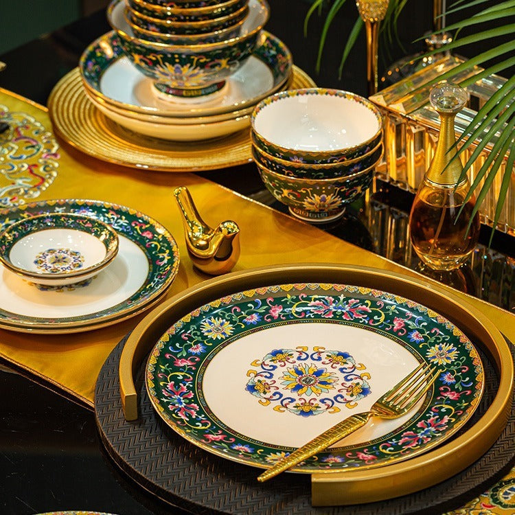 60-Piece Enamel Bone China Tableware Set – Luxury Gold Home Collection
