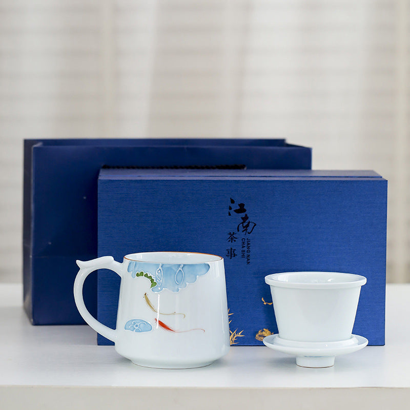 White Porcelain Celadon Hand-Painted Tea Cup with Lid – Filtered Luxury Office Cup