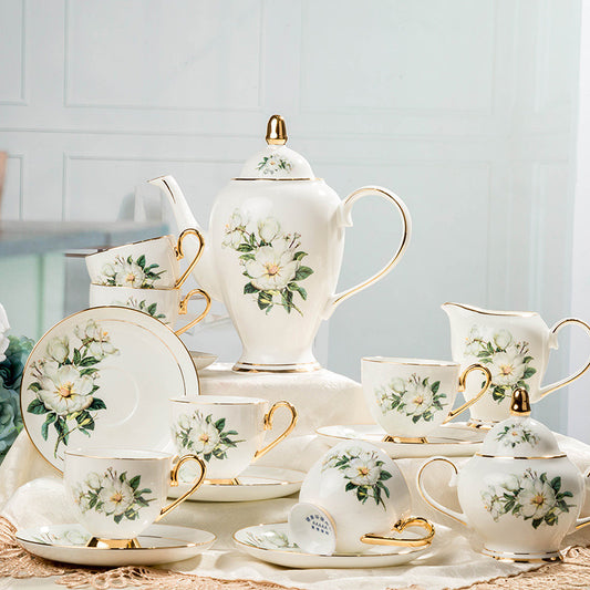Wild Lily Bone China Tea Set – Gold Trace 15-Piece Ceramic Coffee Set