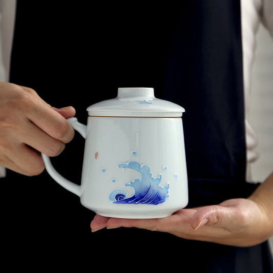 White Porcelain Celadon Hand-Painted Tea Cup with Lid – Filtered Luxury Office Cup