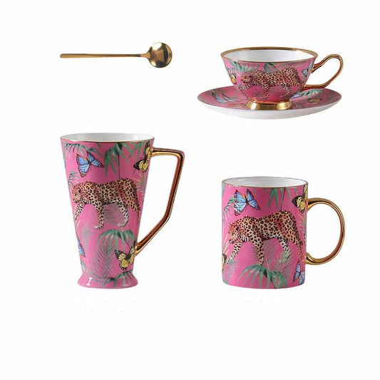 Luxury Bone China Coffee Mug Set - Pink Cheetah Jungle Print, Large 3-Piece Gift